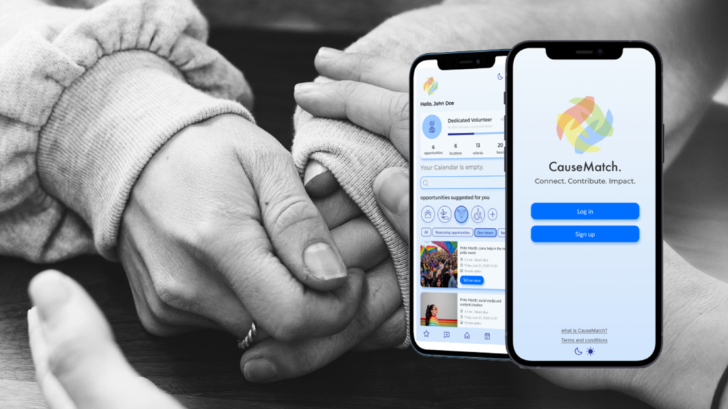 Two hands holding each other in the background, symbolizing support and connection. In the foreground, two smartphones display the "CauseMatch" app interface.